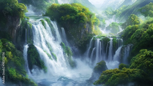 Tranquil Waterfall in Lush Greenery