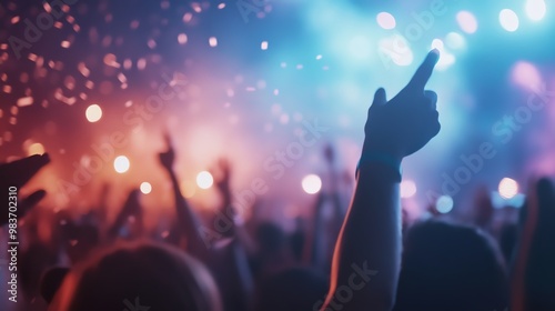 Silhouetted hands reach up in excitement at a vibrant concert, bathed in colorful lights and surrounded by a lively crowd.