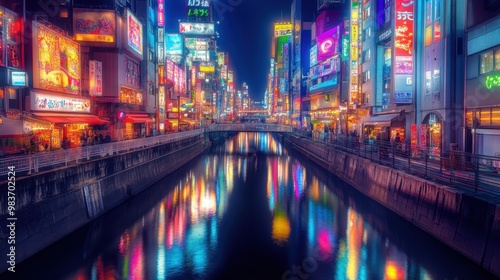 Neon Lights Reflecting on a Canal in Tokyo