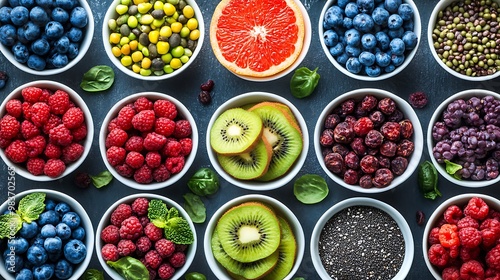 Colorful Variety of Fresh Fruits and Superfoods in Bowls – Healthy, Organic, and Nutrient-Rich Diet