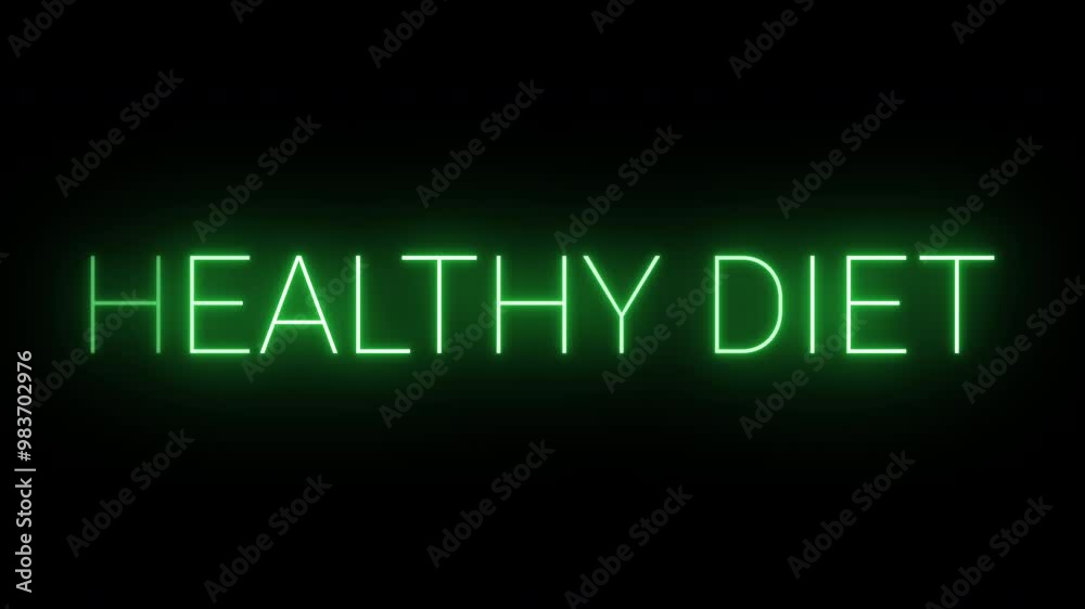 Flickering neon green glowing healthy diet sign animated black background. Flickering neon green glowing healthy diet sign animated black background.