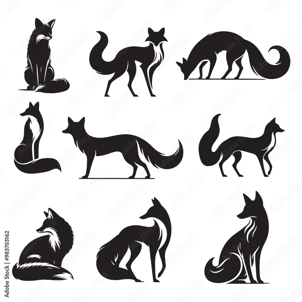set of silhouettes of fox on white set of silhouettes of fox on white