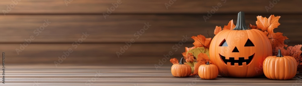 A festive display of carved pumpkins and autumn leaves against a wooden background, perfect for Halloween celebrations. A festive display of carved pumpkins and autumn leaves against a wooden background, perfect for Halloween celebrations.