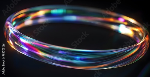 3d render of colorful glass ring on black background, glowing light effect 