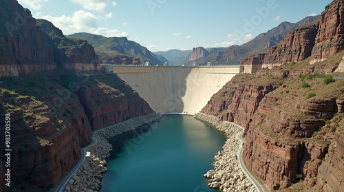 Majestic Dam with Rocky Cliffs and Blue Reservoir