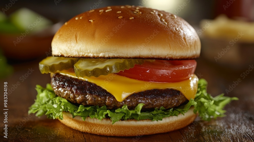 Enjoy a tantalizing view of a classic cheeseburger, featuring a succulent beef patty topped with melted cheese, crisp lettuce, ripe tomato, and pickles, all nestled between a soft, toasted bun Enjoy a tantalizing view of a classic cheeseburger, featuring a succulent beef patty topped with melted cheese, crisp lettuce, ripe tomato, and pickles, all nestled between a soft, toasted bun