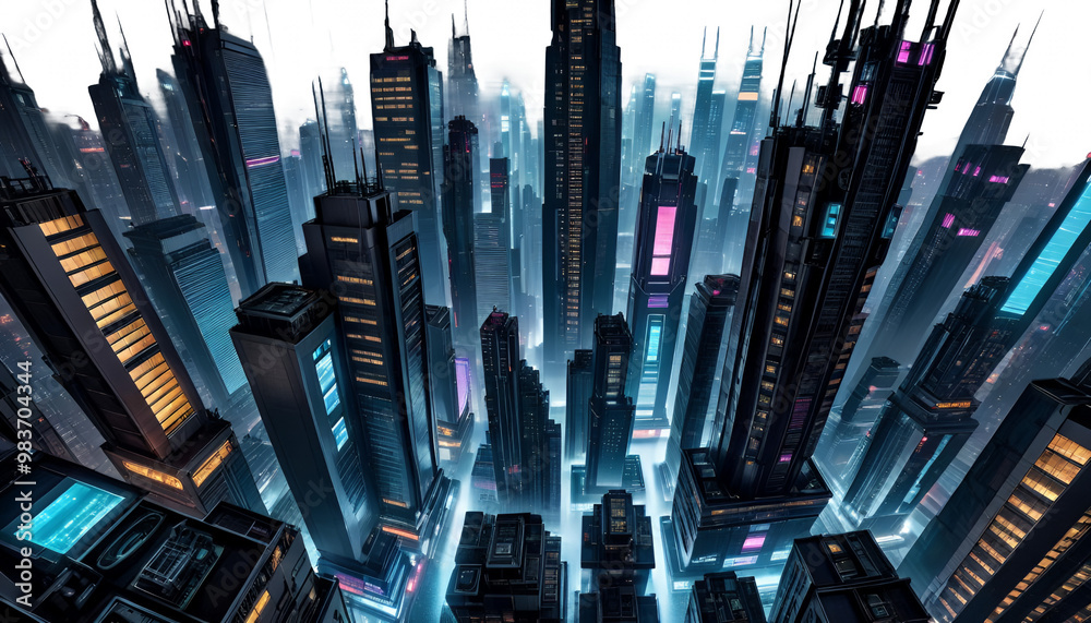 technology dark cyberpunk day skyline skyscrapers futuristic view city urban concept night rainy town big tall architecture buildings building city landscape city background business sky technology