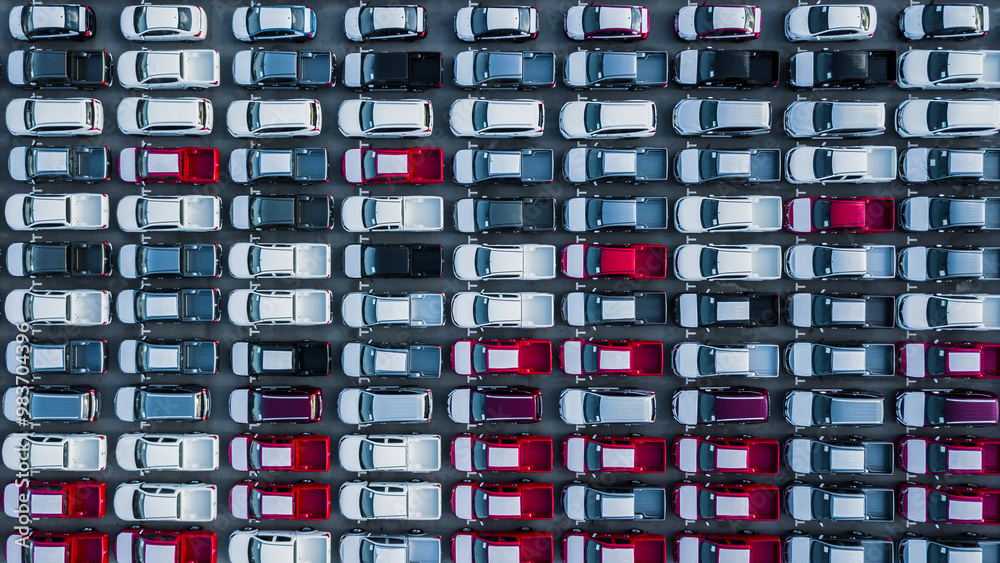 Aerial view new cars lined up in the port for import and export, Top view of new cars lined up automobile factory global logistic import export, New cars logistic to dealership for sale.