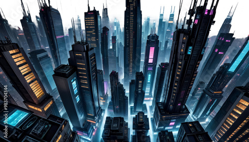 technology dark cyberpunk day skyline skyscrapers futuristic view city urban concept night rainy town big tall architecture buildings building city landscape city background business sky technology