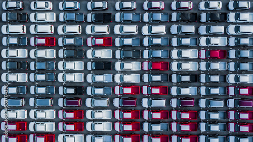 Obraz na płótnie Aerial view new cars lined up in the port for import and export, Top view of new cars lined up automobile factory global logistic import export, New cars logistic to dealership for sale. w salonie