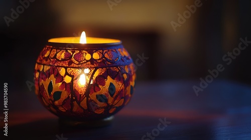 A close-up of a beautifully decorated Diwali lantern, glowing softly against a plain background, no people or logos.