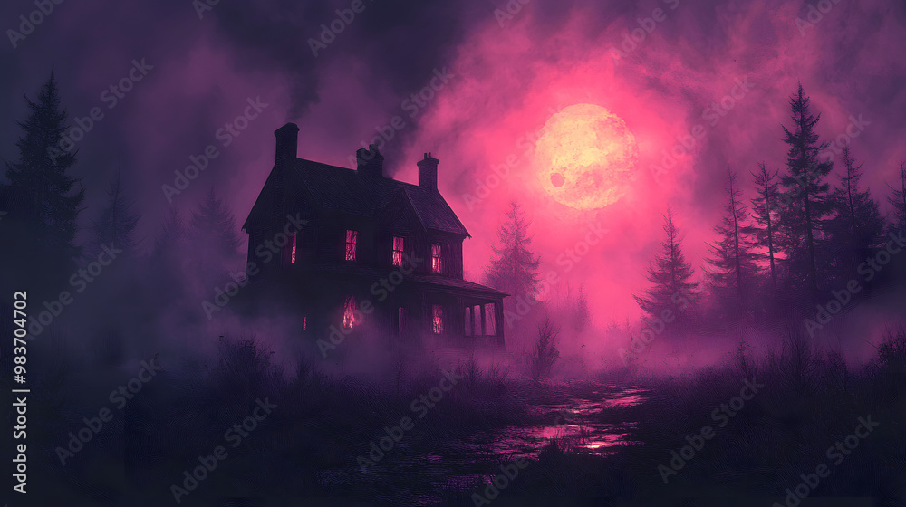Haunted house surrounded by bats, illustrated in a layered papercut style with dark tones and soft lighting for a spooky effect.