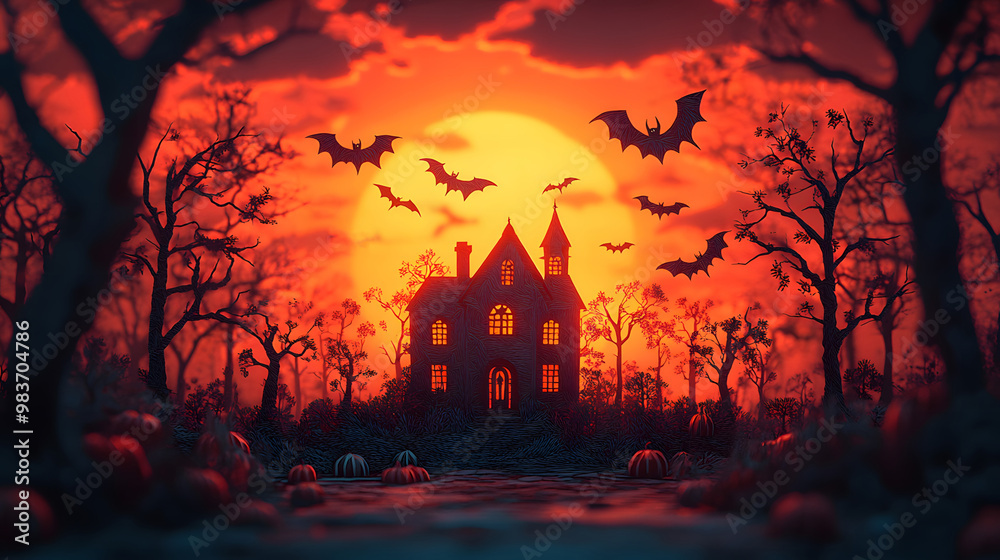 Halloween scene featuring a haunted house in papercut style, layered with bats in flight and eerie shadows for a spooky visual.