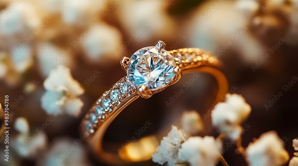 A close-up shot of a gold ring with a large diamond. The ring is surrounded by white flowers, with a blurred background of brown and orange tones. A close-up shot of a gold ring with a large diamond. The ring is surrounded by white flowers, with a blurred background of brown and orange tones.