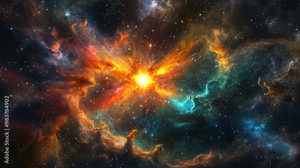 A galactic rift showing a supernova explosion, with vibrant space clouds swirling around A galactic rift showing a supernova explosion, with vibrant space clouds swirling around