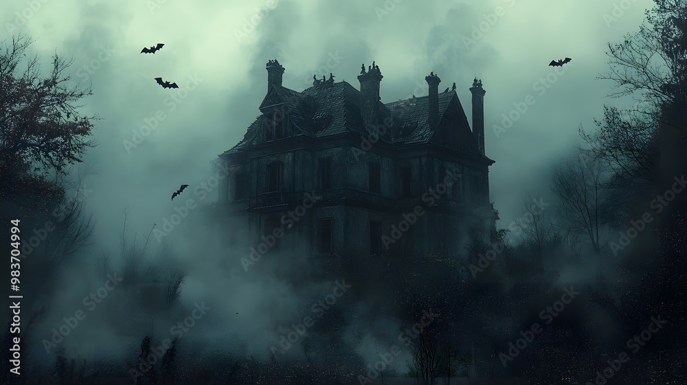 Layered papercut-style haunted house with bats flying around, framed by dark trees and fog, creating an eerie, spooky effect. Layered papercut-style haunted house with bats flying around, framed by dark trees and fog, creating an eerie, spooky effect.