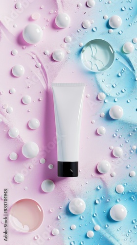 White Tube of Cream on Pink and Blue Background with Water Droplets