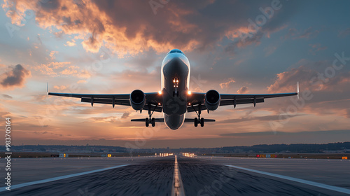 Airplane taking off from runway at sunset 