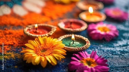 A close-up of vibrant rangoli powders, flowers, and Diyas placed neatly on a plain background for Diwali.