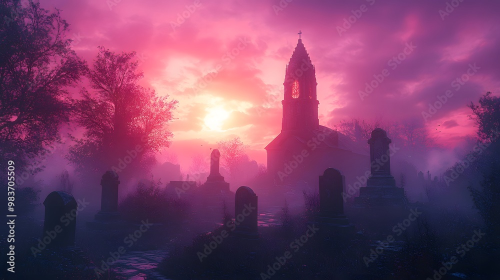 Cemetery landscape under a purple sky with eerie tombstones and mist swirling, creating a haunting Halloween background.