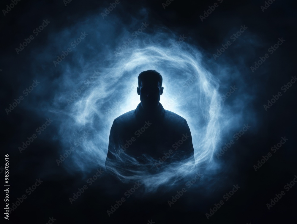 Silhouette of a person standing inside a mystical glowing circle of light and fog in a dark environment. Silhouette of a person standing inside a mystical glowing circle of light and fog in a dark environment.