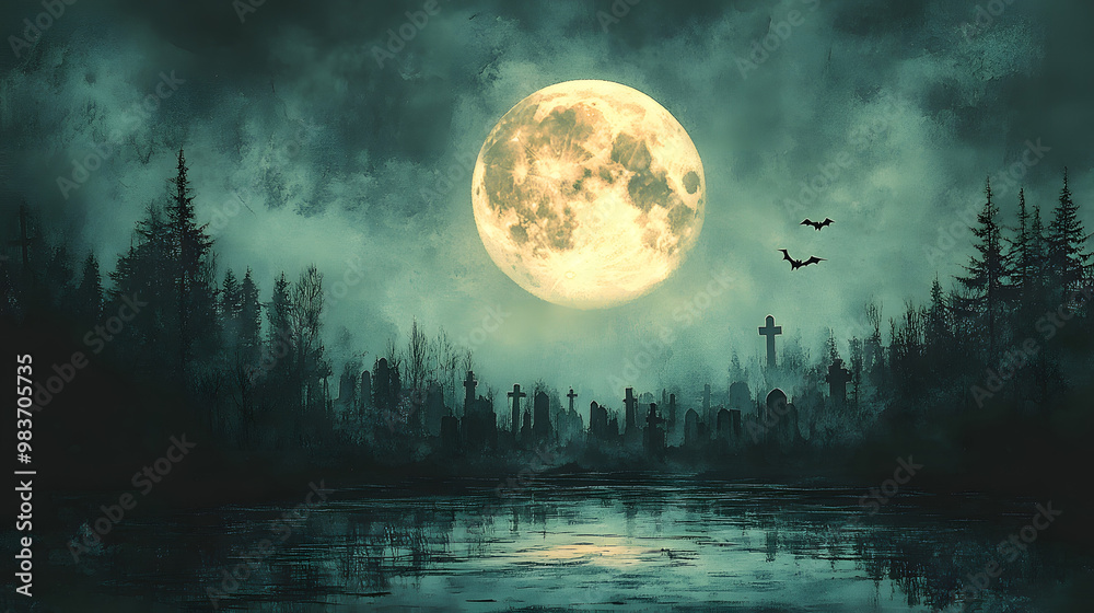 Naklejka premium Full moon lighting up a spooky cemetery scene at night, with a flock of bats flying overhead, painted in soft watercolor.