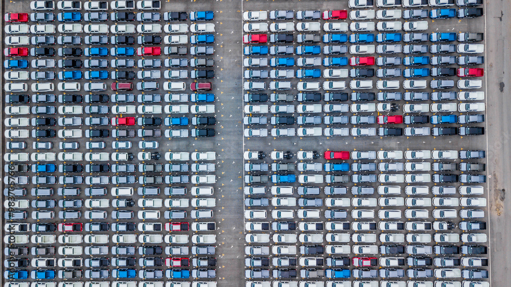 Aerial view new cars lined up in the port for import and export, Top view of new cars lined up automobile factory global logistic import export, New cars logistic to dealership for sale. Aerial view new cars lined up in the port for import and export, Top view of new cars lined up automobile factory global logistic import export, New cars logistic to dealership for sale.