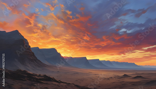 The image of a barren mountain at sunrise, with desert meeting mountains and a sky full of rich colors.