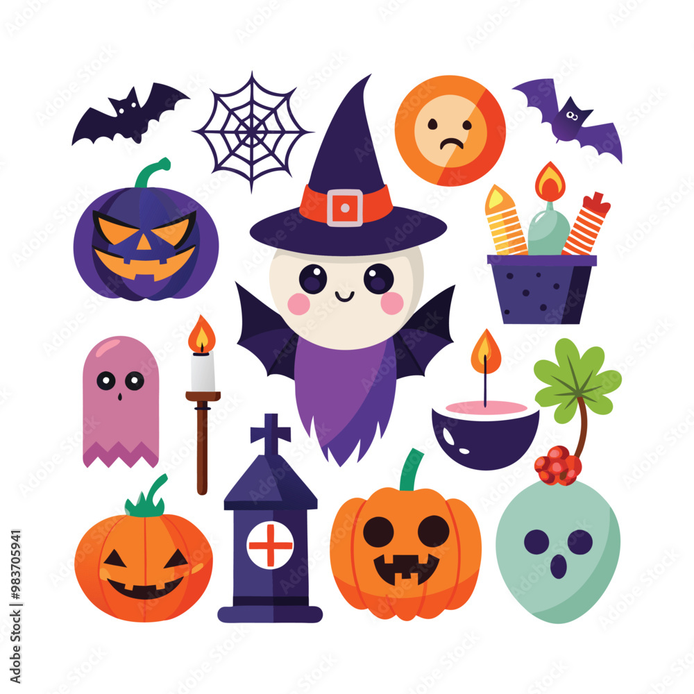 A collection of simple cartoon style Halloween themed icons A collection of simple cartoon style Halloween themed icons