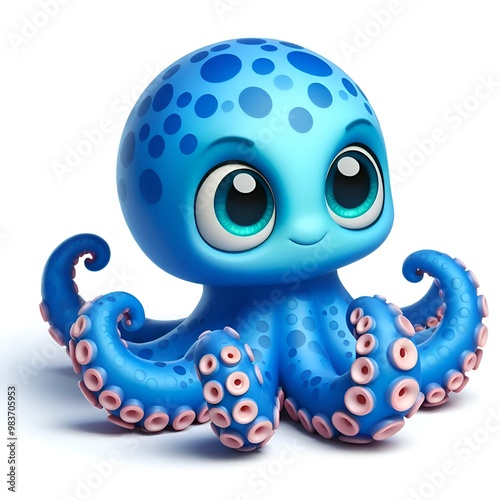 A 3D rendered illustration of a cartoon octopus is presented against a white background. The octopus is depicted with a bright blue body covered in small white spots. the octopus is cute and cuddly.