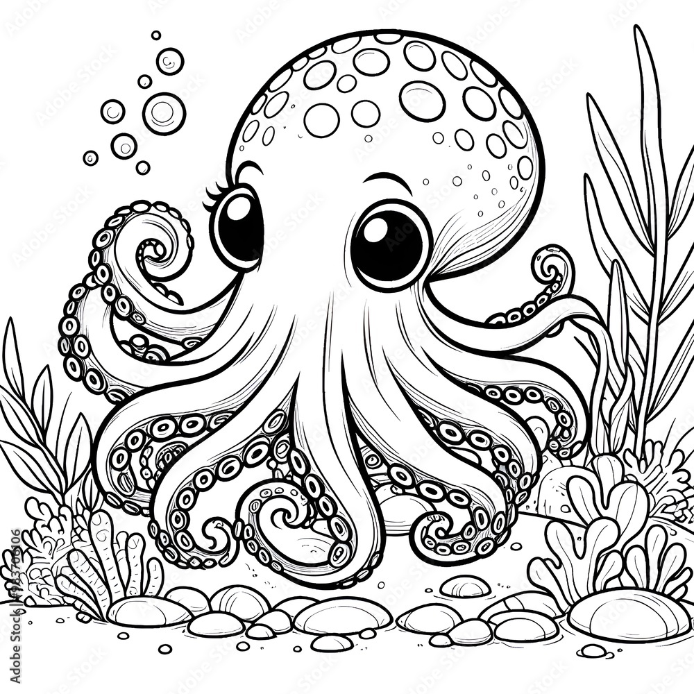 A black and white line art illustration depicts a cartoon octopus in an underwater setting. The background features simple illustrations of seaweed, rocks, and seashells, creating a serene underwater A black and white line art illustration depicts a cartoon octopus in an underwater setting. The background features simple illustrations of seaweed, rocks, and seashells, creating a serene underwater
