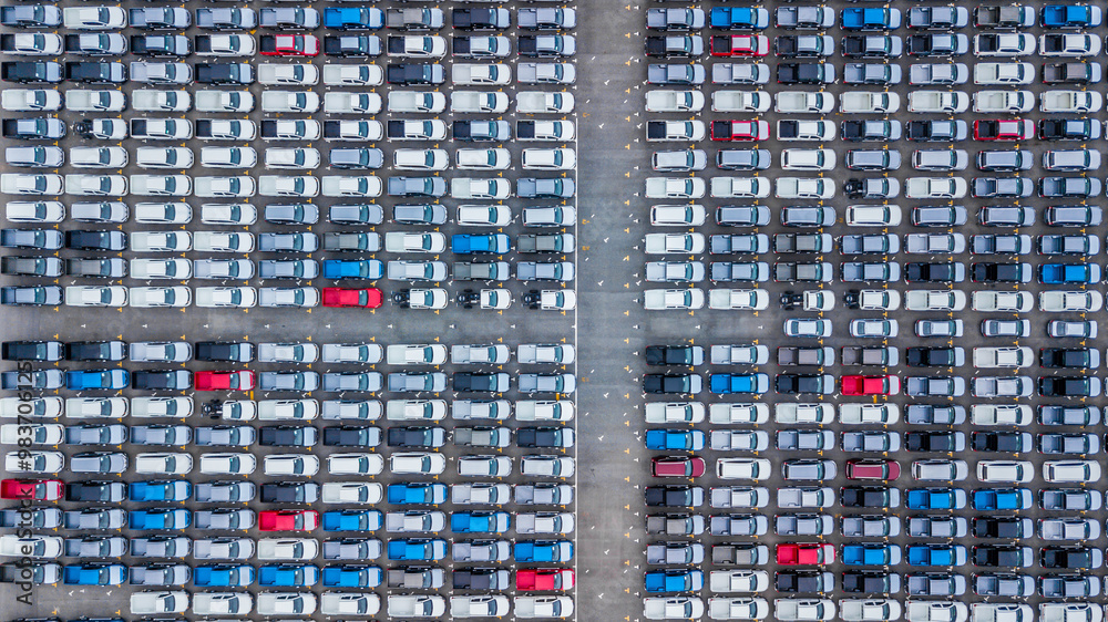 Aerial view new cars lined up in the port for import and export, Top view of new cars lined up automobile factory global logistic import export, New cars logistic to dealership for sale.