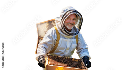 Obraz na płótnie copyspace banner suit sun flying looking meadow older bees text happy lit beekeeper man aring protective side left apiarist apiary hive bee apiarist apiculture meadow honey honeycomb beehive nature w salonie