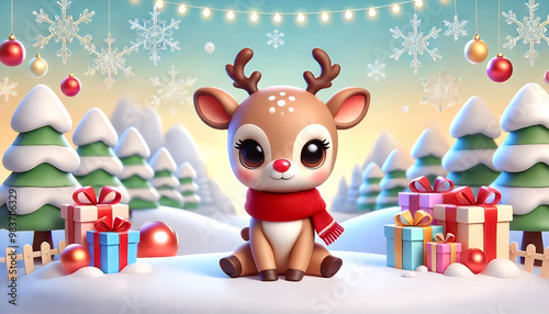 A Cute Reindeer with Christmas Presents in 3D Winter Scene