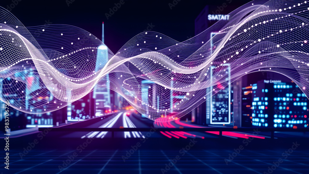 Obraz premium Smart city and abstract dot point connect with gradient line and aesthetic Intricate wave line design , big data connection technology concept. vector
