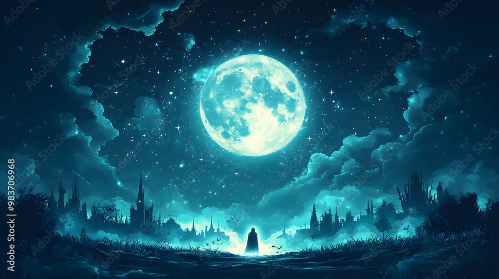 Dark Halloween night with a full moon and a spooky ghost, illustrated in a 3D vector style, perfect for party flyers. Dark Halloween night with a full moon and a spooky ghost, illustrated in a 3D vector style, perfect for party flyers.
