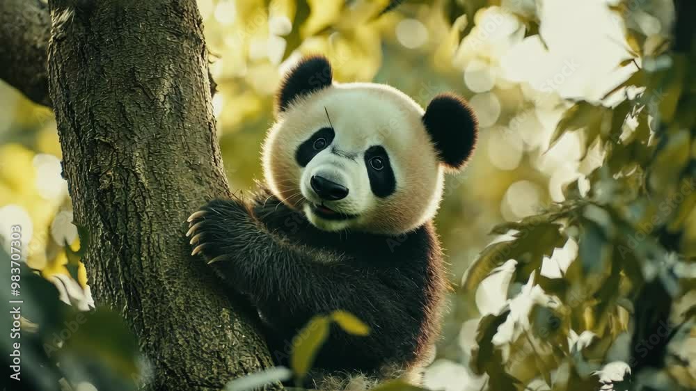 Adorable baby panda climbing a tree in a lush forest during the golden afternoon light Adorable baby panda climbing a tree in a lush forest during the golden afternoon light