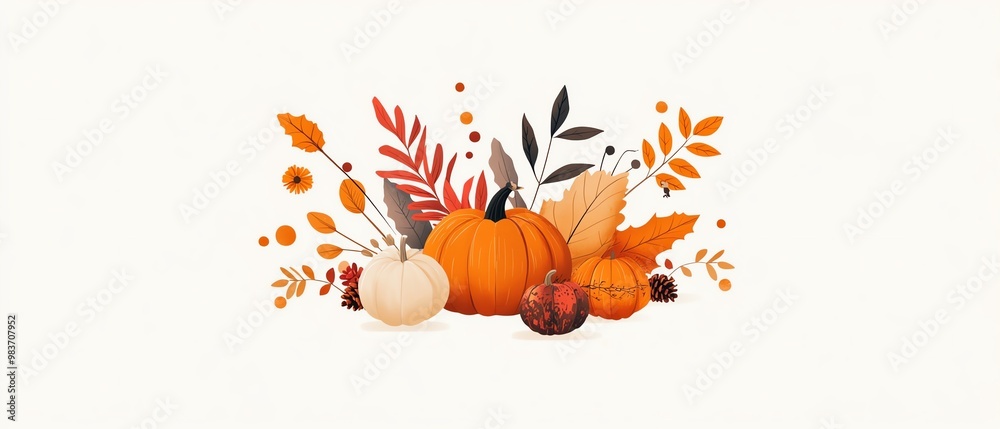 Autumn-themed illustration with pumpkins, leaves, and warm colors, perfect for seasonal decoration or fall-themed projects. Autumn-themed illustration with pumpkins, leaves, and warm colors, perfect for seasonal decoration or fall-themed projects.