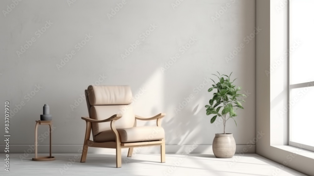 A white room with a tan chair and a potted plant A white room with a tan chair and a potted plant