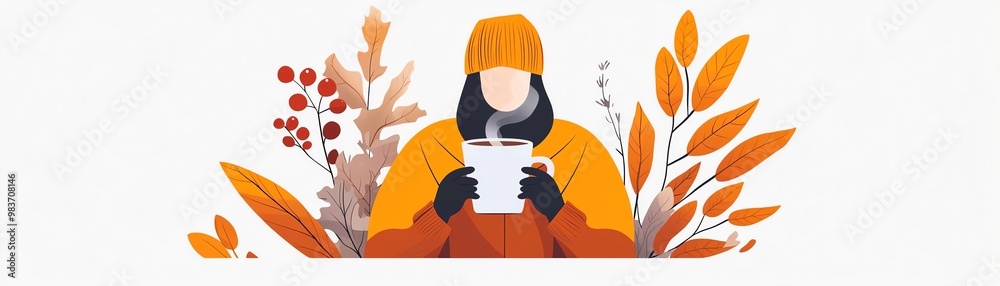 Illustration of a person in a cozy orange outfit holding a cup, surrounded by autumn leaves and foliage. Illustration of a person in a cozy orange outfit holding a cup, surrounded by autumn leaves and foliage.