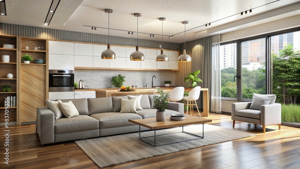 Fototapeta premium Modern interior of kitchen with living room. render, kitchen, living room, modern, interior, contemporary, design