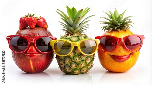 Fototapeta Naklejka Na Ścianę i Meble -  Funny and whimsical concept of various fruits wearing red sunglasses , funny, fruits, red sunglasses, quirky, humor, whimsical