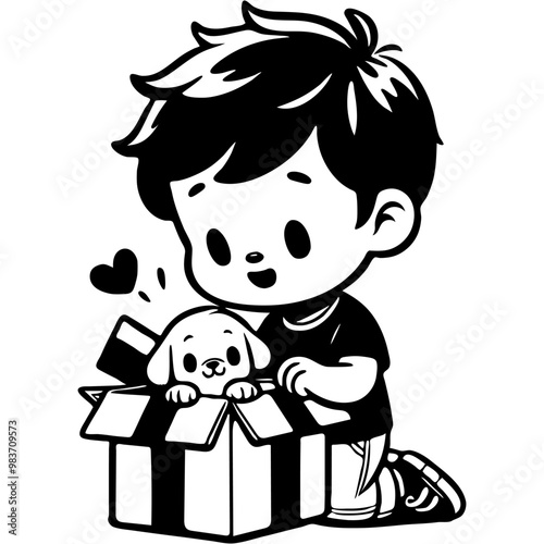 Boy takes puppy out of gift box in monochrome. Simple minimalistic vector in black ink drawing on transparent background