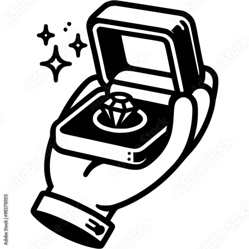 Hand of jeweler gives away open velvet box with precious ring in monochrome. Simple minimalistic vector in black ink drawing on transparent background
