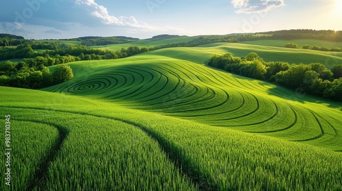 Aerial View of Green Field with Spiral Crop Circles Against a Blue Sky – Geometric Patterns in a Grassy Meadow, Spring/Summer Landscape