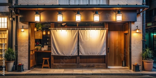 Entrance of a small Japanese tapas bar with hanging curtain and illuminated signboard, Japanese, bar, tavern, small plates