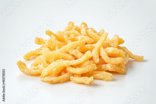 A close-up image of a heap of freshly made Spätzle noodles, a traditional German dish, isolated on a white background. This image perfectly captures the texture and color of these delightful egg noodl photo