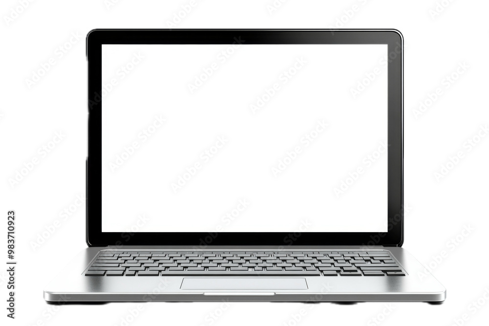 Open laptop with blank screen on a white background, ideal for business display or mockup, minimalistic and clean design for corporate branding or product presentation. Open laptop with blank screen on a white background, ideal for business display or mockup, minimalistic and clean design for corporate branding or product presentation.