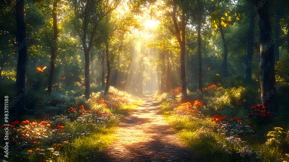 Sunlit Forest Path with Butterflies Illustration Sunlit Forest Path with Butterflies Illustration