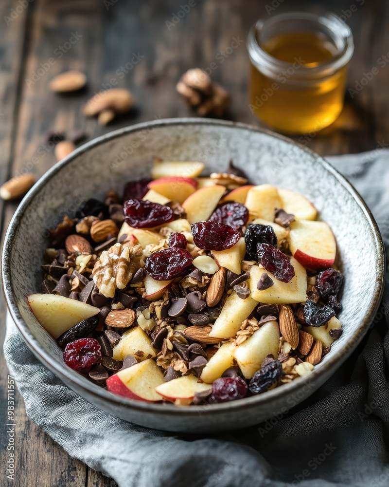 A bowl of granola topped with apples, nuts, and dried fruits, accompanied by honey.